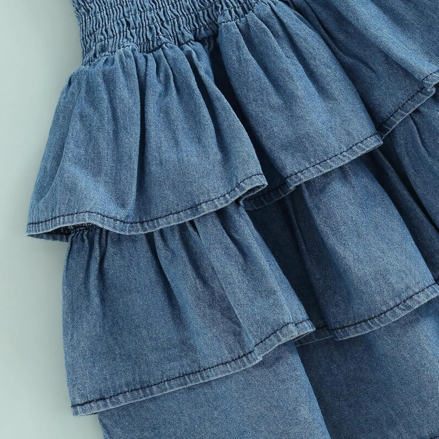 Toddler Girl Summer Sundresses Baby Denim Ruffle Dress Sleeveless Strap Pleated A-line Layered Cake Flowy Jean Dress