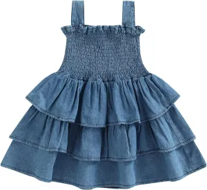 Toddler Girl Summer Sundresses Baby Denim Ruffle Dress Sleeveless Strap Pleated A-line Layered Cake Flowy Jean Dress