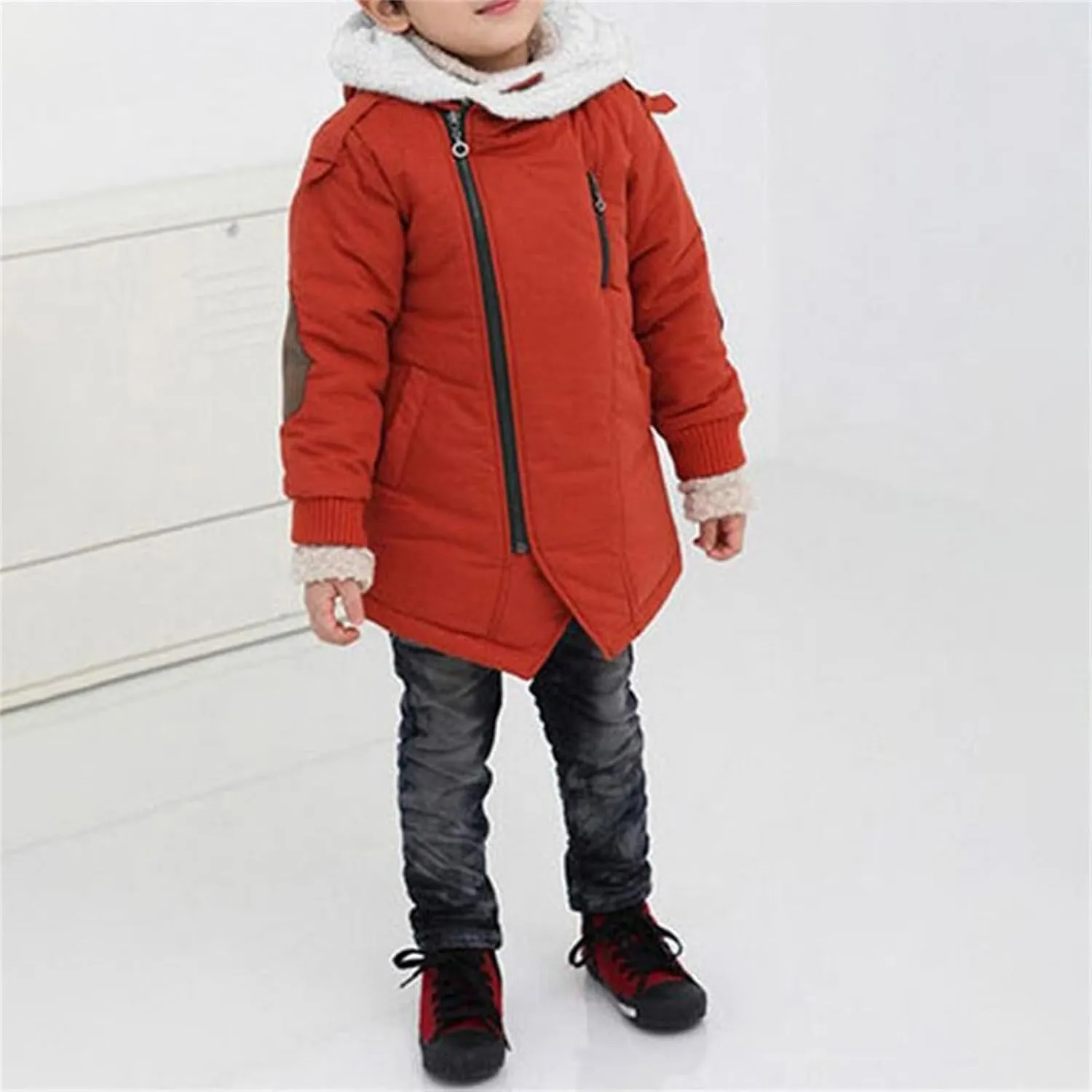 Toddler Kids Boys Thick Cotton Padded Parka Jacket Hooded Fleece Coat Fleece Linen Long Sleeves Zipper Solid Coat