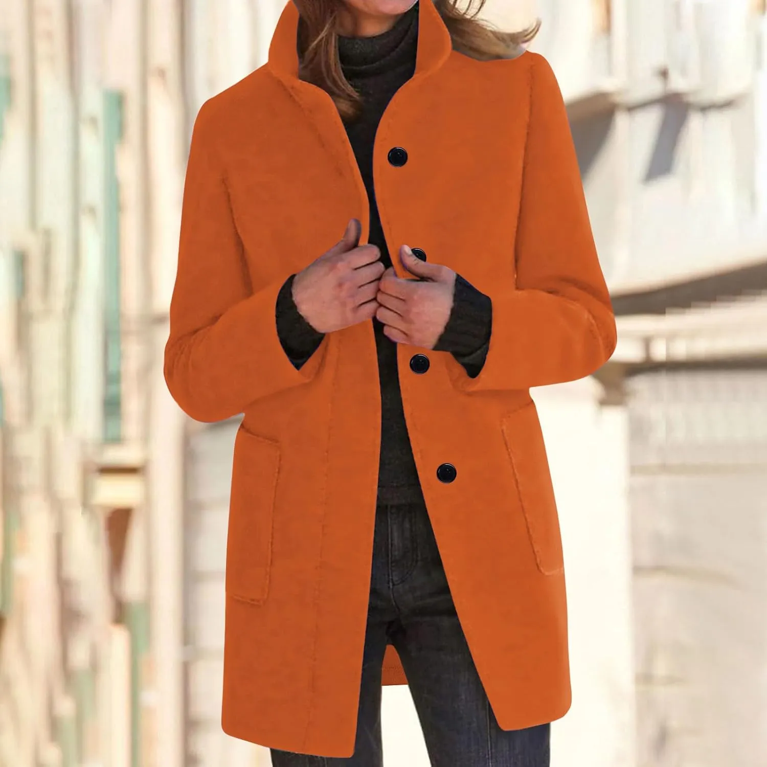 Trench Coat for Women Wool Blend Casual Coat Single Breasted Stand Collar Slim Fit Dressy Jackets with Pockets