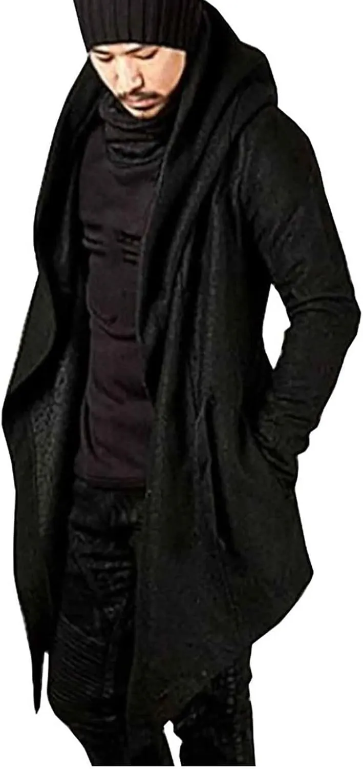 tuduoms Mens Casual Long Hooded Cardigan Goth Cape Cloak Long Sleeve Draped Lightweight Open Front Sweater Trench Coat Jacket