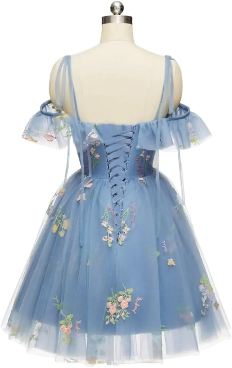 Tulle Floral Homecoming Dresses Corset Ruffle A-line Short Prom Dress Spaghetti Straps Mini Dress with Tie Shoulders