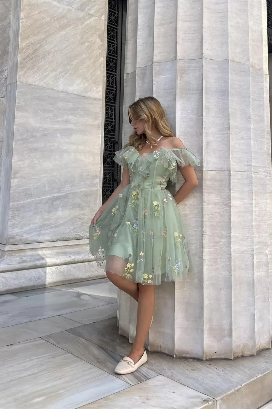 Tulle Floral Homecoming Dresses Corset Ruffle A-line Short Prom Dress Spaghetti Straps Mini Dress with Tie Shoulders