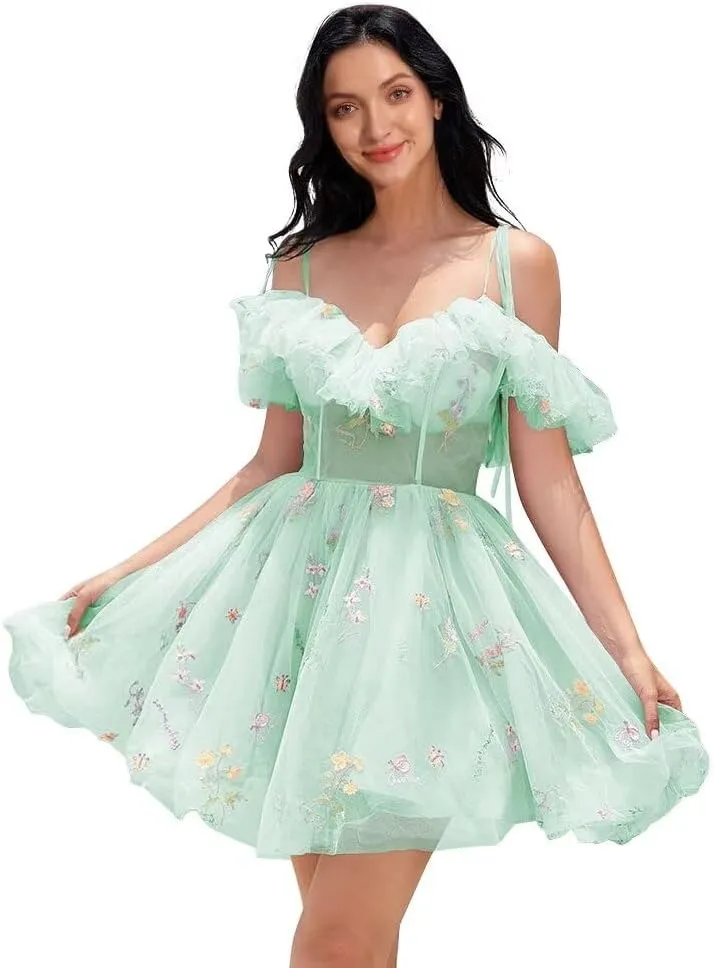 Tulle Floral Homecoming Dresses Corset Ruffle A-line Short Prom Dress Spaghetti Straps Mini Dress with Tie Shoulders