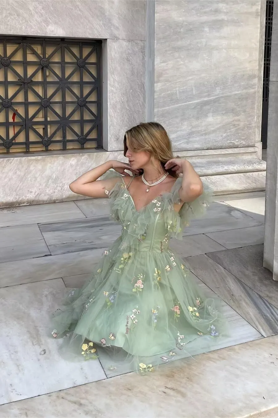Tulle Floral Homecoming Dresses Corset Ruffle A-line Short Prom Dress Spaghetti Straps Mini Dress with Tie Shoulders