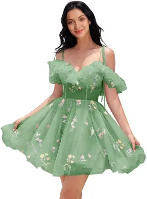 Tulle Floral Homecoming Dresses Corset Ruffle A-line Short Prom Dress Spaghetti Straps Mini Dress with Tie Shoulders