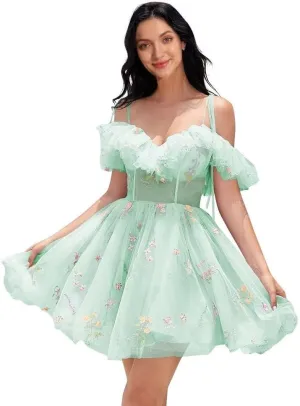 Tulle Floral Homecoming Dresses Corset Ruffle A-line Short Prom Dress Spaghetti Straps Mini Dress with Tie Shoulders