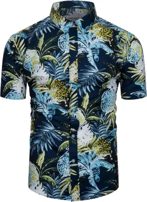 TUNEVUSE Mens Flower/Pineapple/Bird Print Hawaiian Short Sleeve Shirt Casual Button Down Tropical Shirt