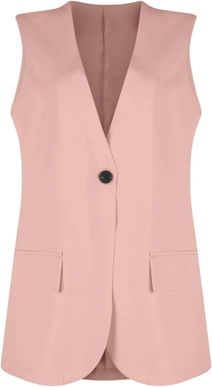 TWGONE Women's Sleeveless Blazer Jackets Summer Lightweight Single Button Waistcoat Open Front Work Office Vest Tops
