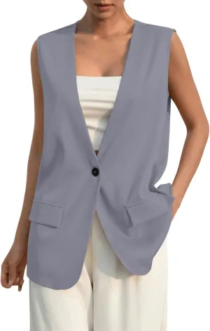 TWGONE Women's Sleeveless Blazer Jackets Summer Lightweight Single Button Waistcoat Open Front Work Office Vest Tops