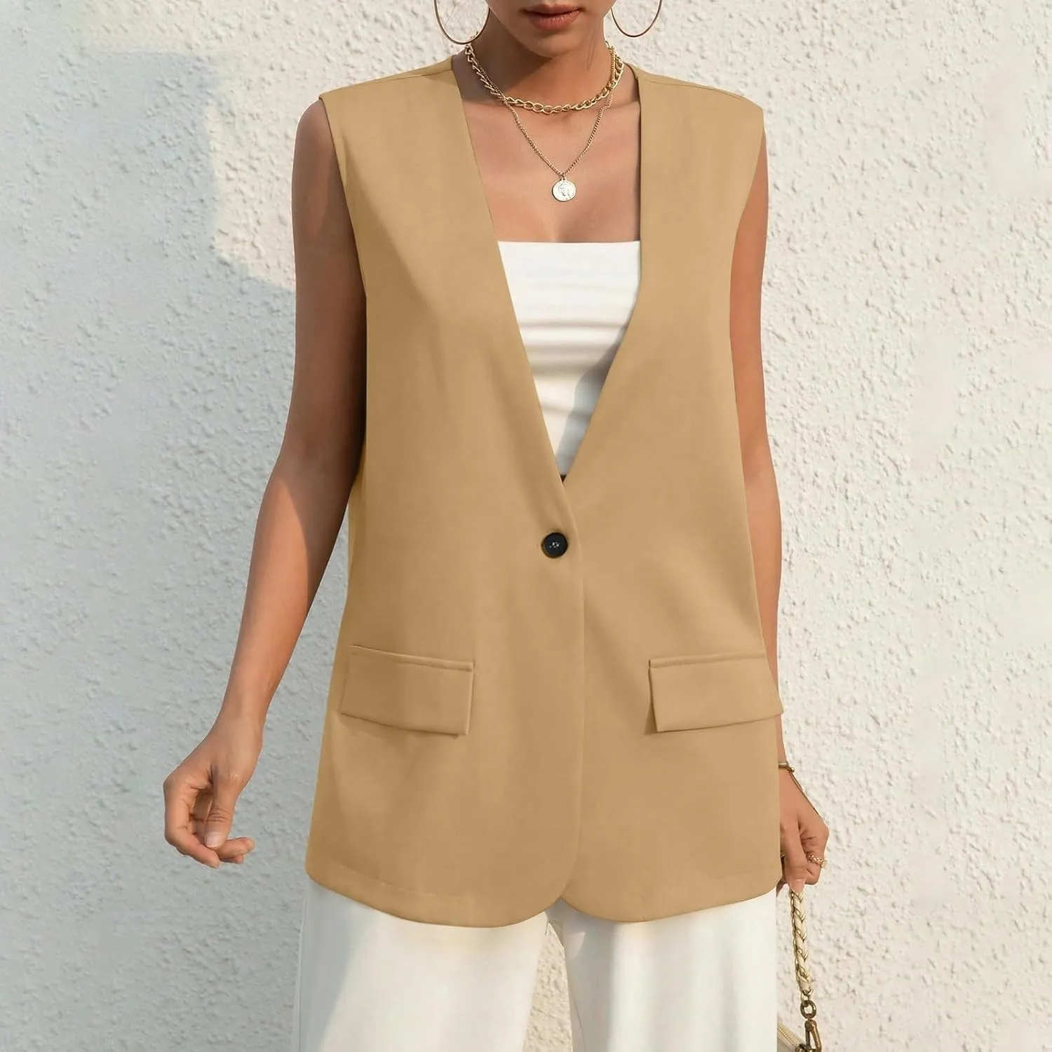 TWGONE Women's Sleeveless Blazer Jackets Summer Lightweight Single Button Waistcoat Open Front Work Office Vest Tops