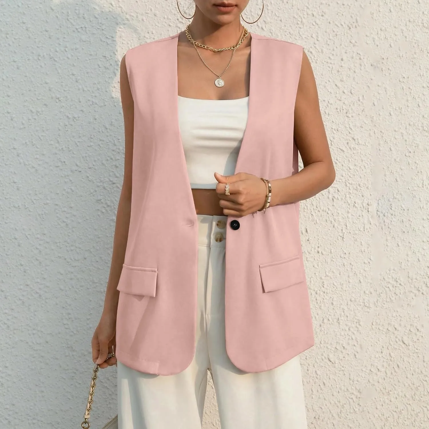 TWGONE Women's Sleeveless Blazer Jackets Summer Lightweight Single Button Waistcoat Open Front Work Office Vest Tops