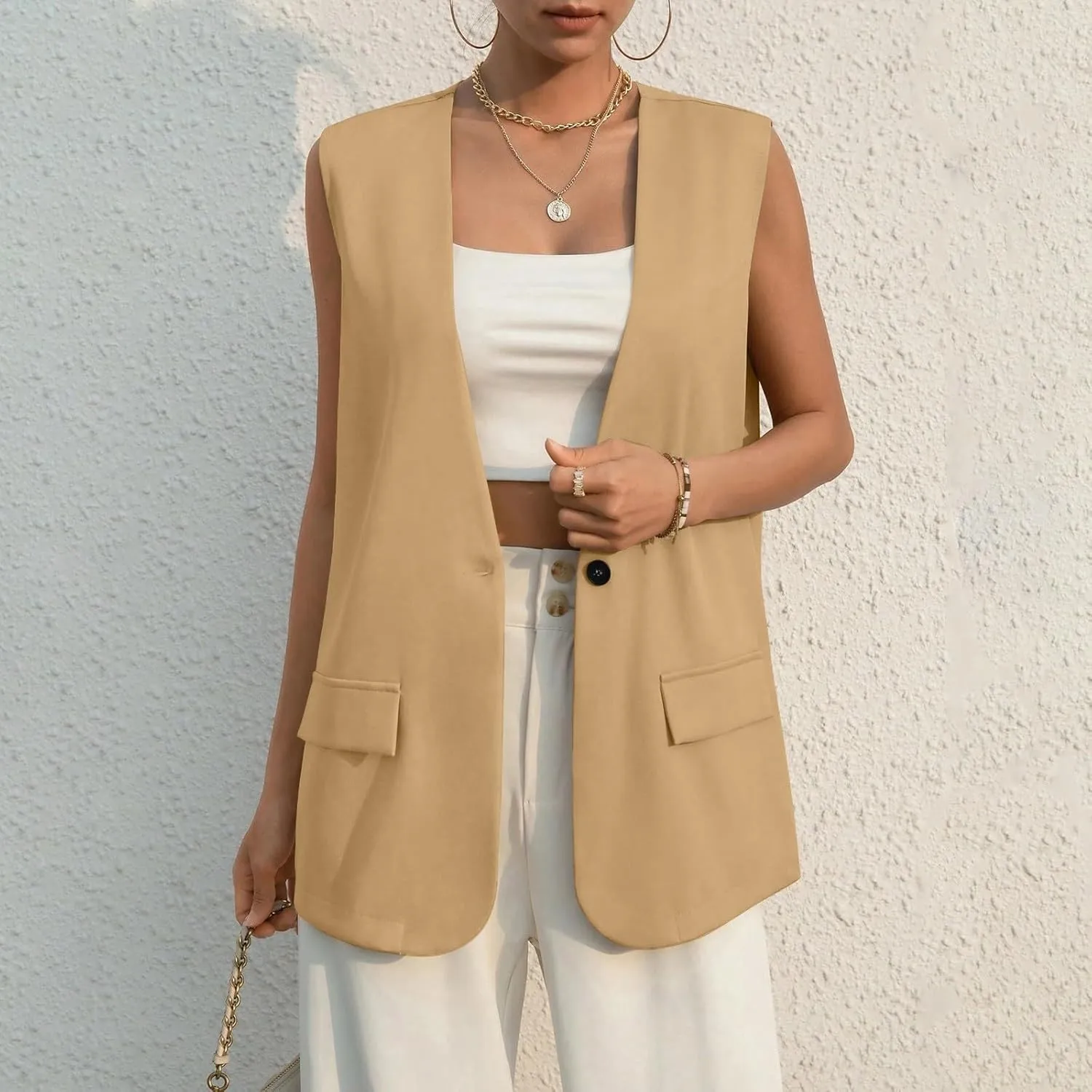 TWGONE Women's Sleeveless Blazer Jackets Summer Lightweight Single Button Waistcoat Open Front Work Office Vest Tops