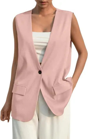 TWGONE Women's Sleeveless Blazer Jackets Summer Lightweight Single Button Waistcoat Open Front Work Office Vest Tops