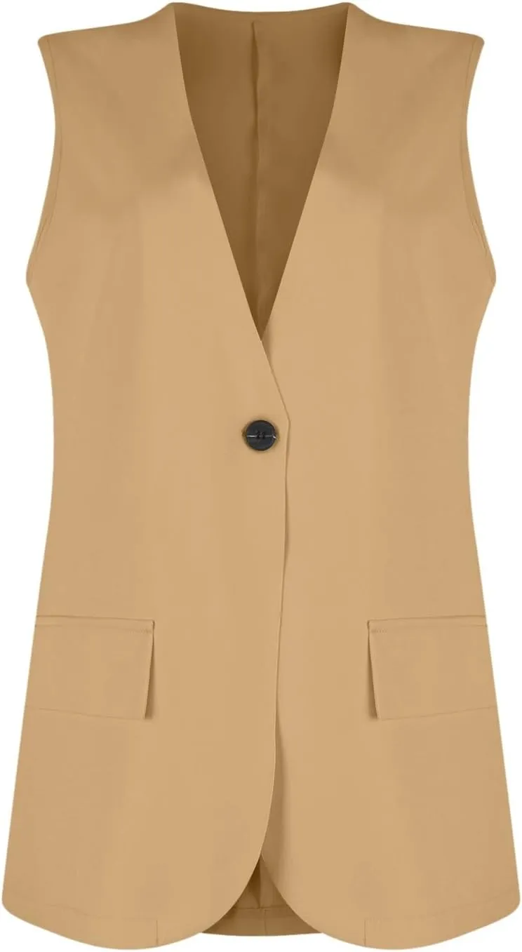 TWGONE Women's Sleeveless Blazer Jackets Summer Lightweight Single Button Waistcoat Open Front Work Office Vest Tops