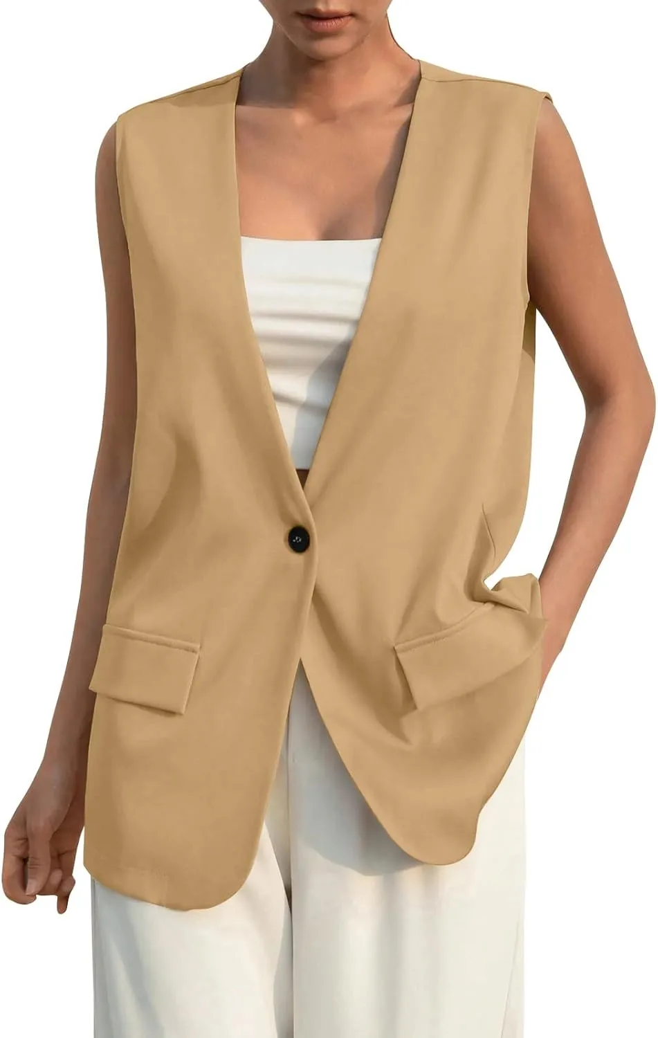TWGONE Women's Sleeveless Blazer Jackets Summer Lightweight Single Button Waistcoat Open Front Work Office Vest Tops
