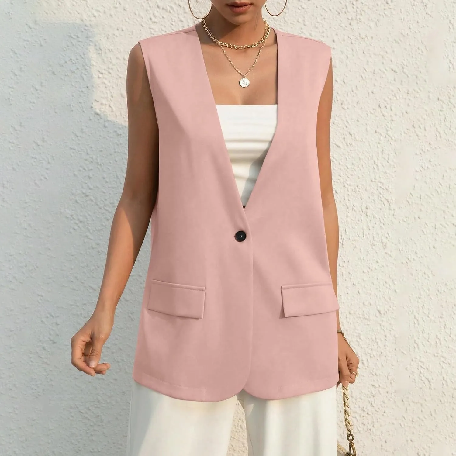 TWGONE Women's Sleeveless Blazer Jackets Summer Lightweight Single Button Waistcoat Open Front Work Office Vest Tops