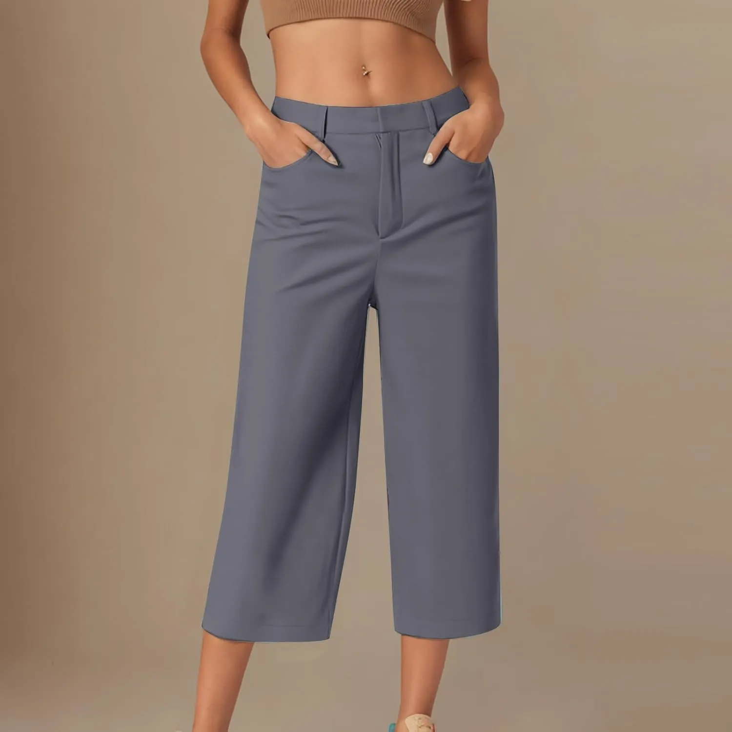 Twill Capri Pants for Women Casual Oversized Dress Pants High Waist Straight Leg Capris Dressy Office Cropped Trousers