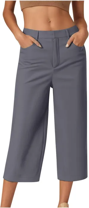 Twill Capri Pants for Women Casual Oversized Dress Pants High Waist Straight Leg Capris Dressy Office Cropped Trousers