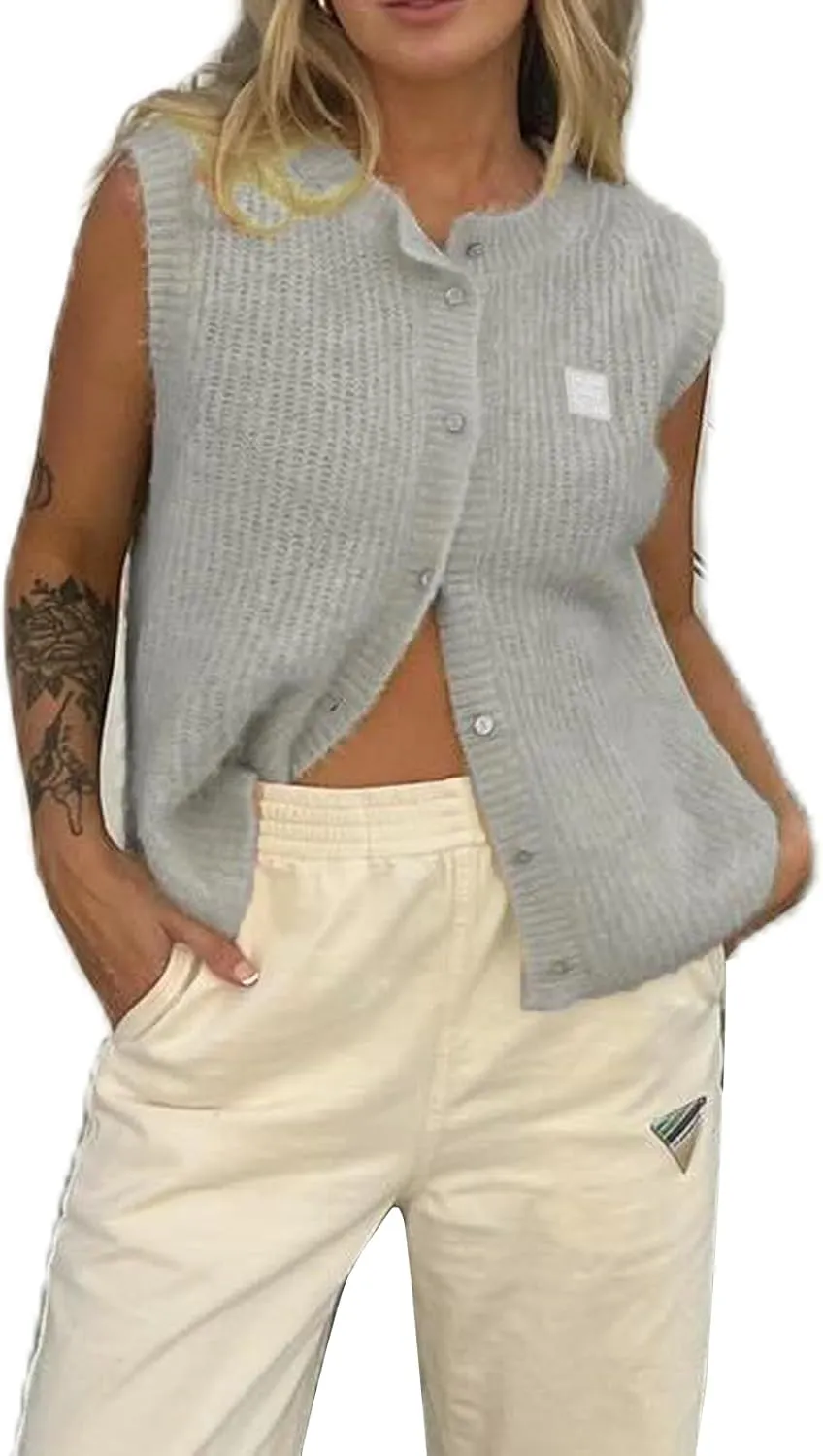 UAURORAO Women Chunky Sweater Vest Button Down Crochet Cable Knit Cardigan Sleeveless Open Front Knitted Crop Waistcoat