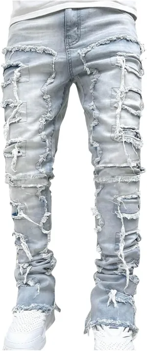 Uillui Men's Patch Ripped Stretch Biker Jeans Fashion Distressed Patchwork Slim Fit Skinny Motorcycle Denim Pants Streetwear