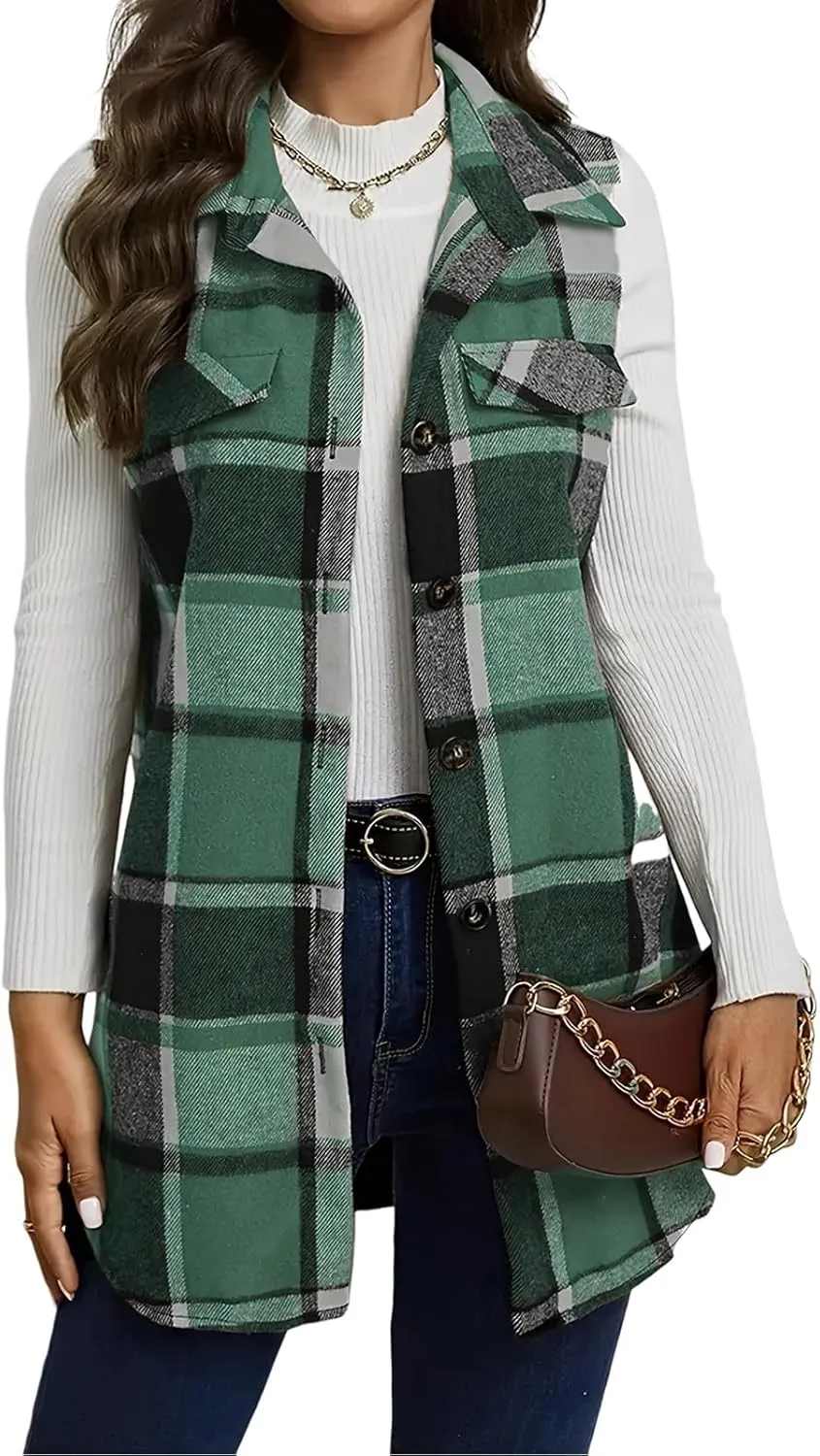 UONBOX Women's Plaid Vest Flannel Button Down Sleeveless Shacket Shirt Outerwear Fall Lapel Long Jacket with Pockets