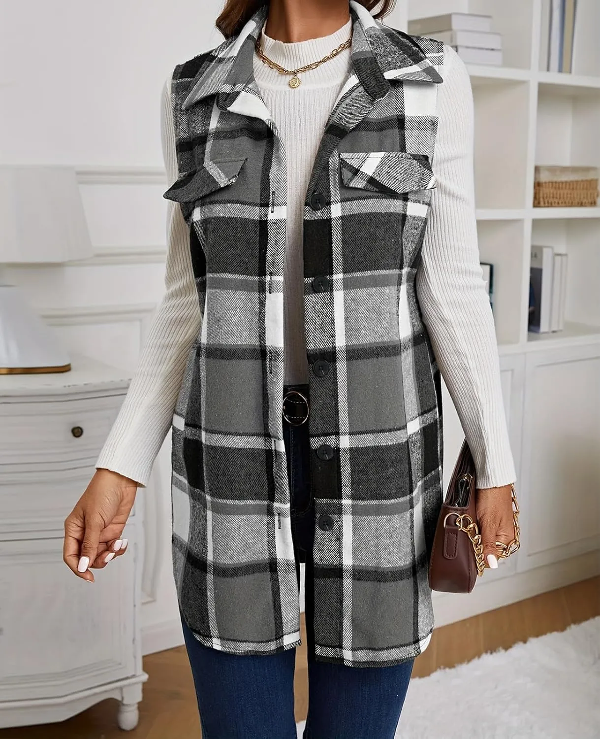 UONBOX Women's Plaid Vest Flannel Button Down Sleeveless Shacket Shirt Outerwear Fall Lapel Long Jacket with Pockets