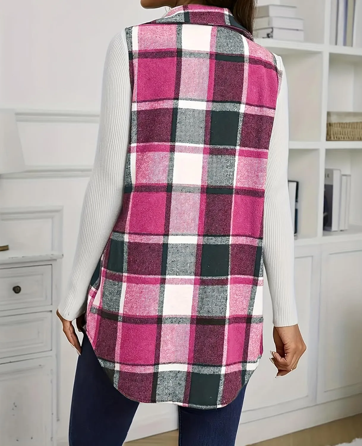 UONBOX Women's Plaid Vest Flannel Button Down Sleeveless Shacket Shirt Outerwear Fall Lapel Long Jacket with Pockets