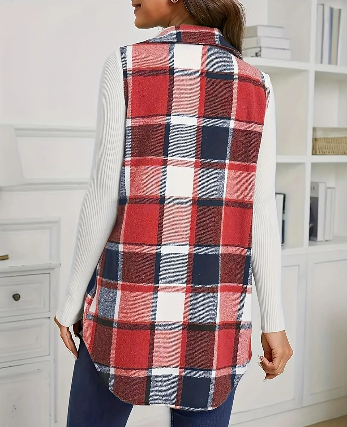 UONBOX Women's Plaid Vest Flannel Button Down Sleeveless Shacket Shirt Outerwear Fall Lapel Long Jacket with Pockets