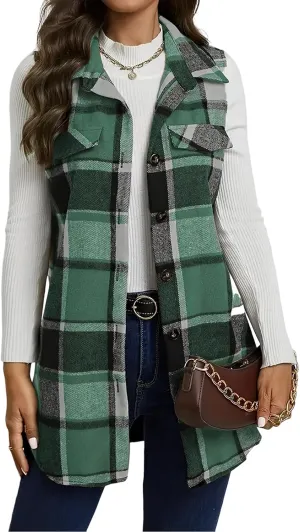 UONBOX Women's Plaid Vest Flannel Button Down Sleeveless Shacket Shirt Outerwear Fall Lapel Long Jacket with Pockets
