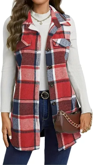 UONBOX Women's Plaid Vest Flannel Button Down Sleeveless Shacket Shirt Outerwear Fall Lapel Long Jacket with Pockets