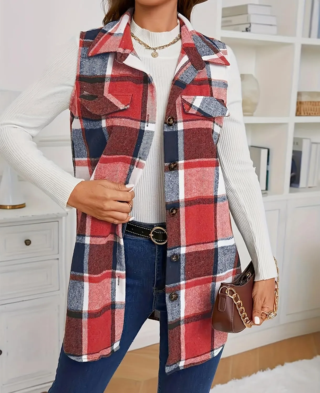 UONBOX Women's Plaid Vest Flannel Button Down Sleeveless Shacket Shirt Outerwear Fall Lapel Long Jacket with Pockets