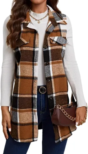 UONBOX Women's Plaid Vest Flannel Button Down Sleeveless Shacket Shirt Outerwear Fall Lapel Long Jacket with Pockets