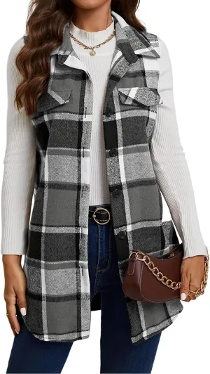 UONBOX Women's Plaid Vest Flannel Button Down Sleeveless Shacket Shirt Outerwear Fall Lapel Long Jacket with Pockets