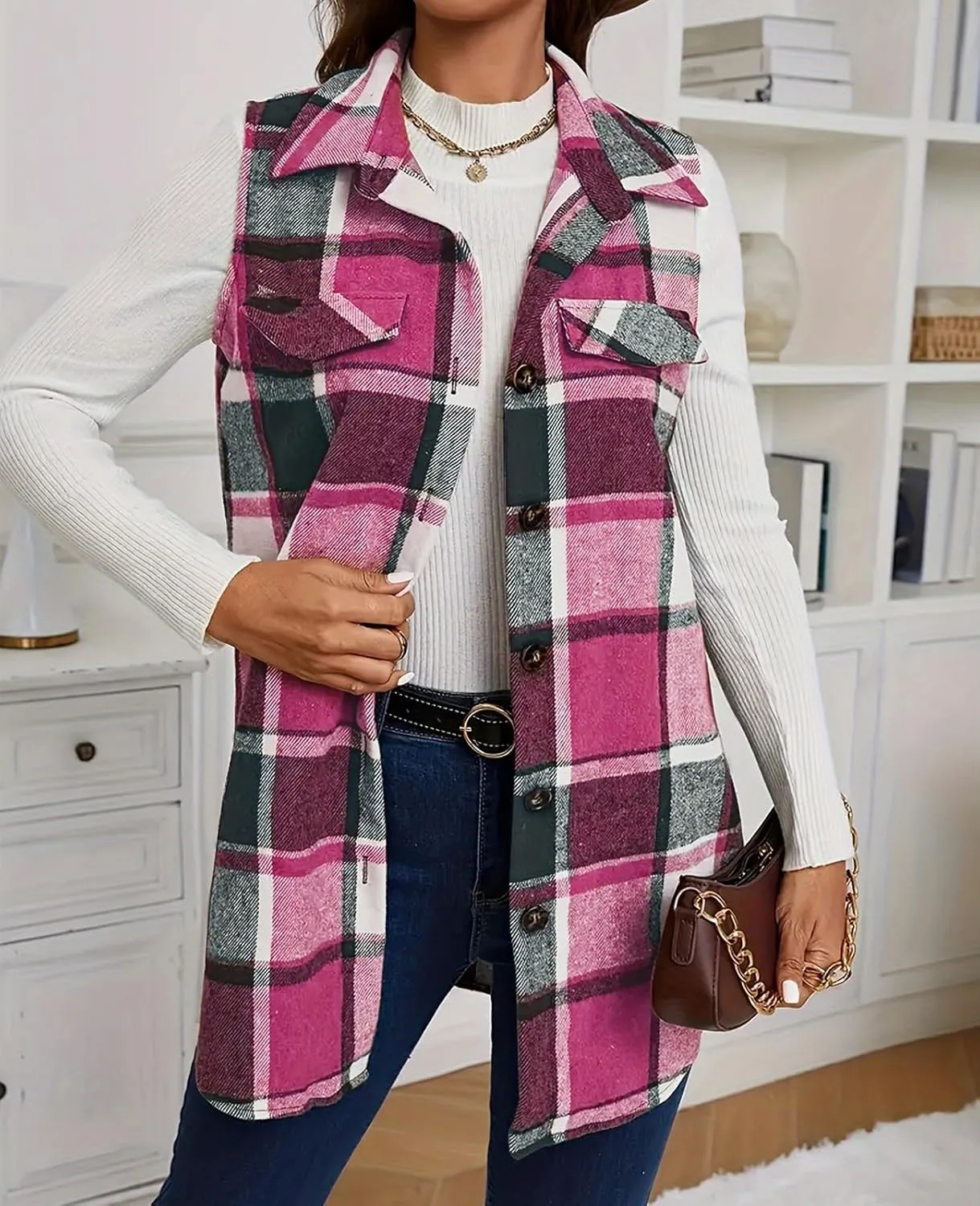 UONBOX Women's Plaid Vest Flannel Button Down Sleeveless Shacket Shirt Outerwear Fall Lapel Long Jacket with Pockets
