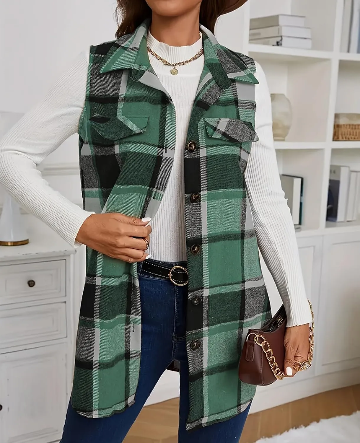 UONBOX Women's Plaid Vest Flannel Button Down Sleeveless Shacket Shirt Outerwear Fall Lapel Long Jacket with Pockets