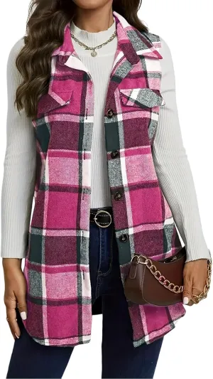 UONBOX Women's Plaid Vest Flannel Button Down Sleeveless Shacket Shirt Outerwear Fall Lapel Long Jacket with Pockets