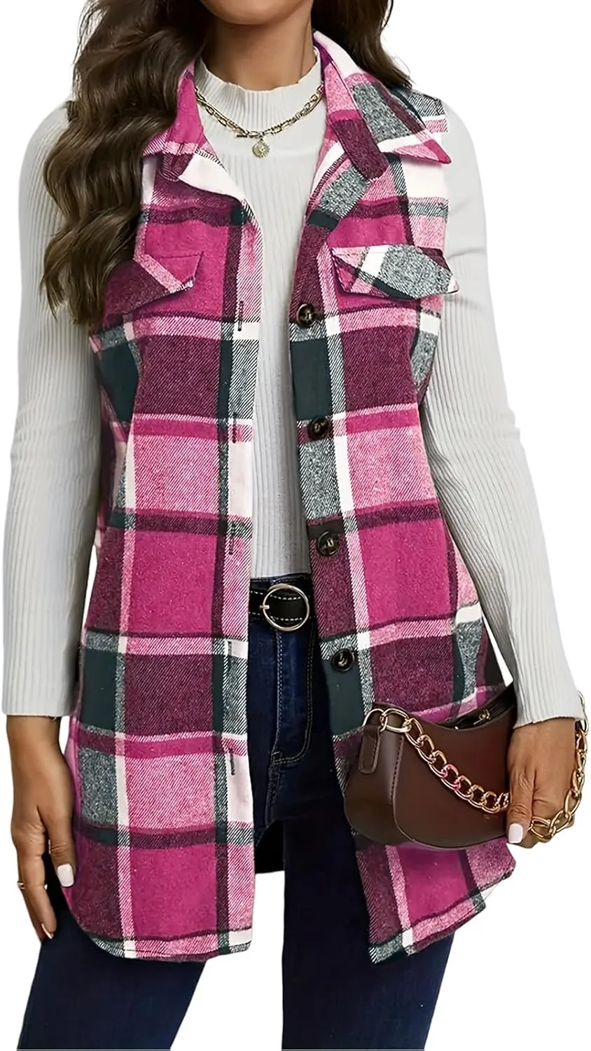 UONBOX Women's Plaid Vest Flannel Button Down Sleeveless Shacket Shirt Outerwear Fall Lapel Long Jacket with Pockets