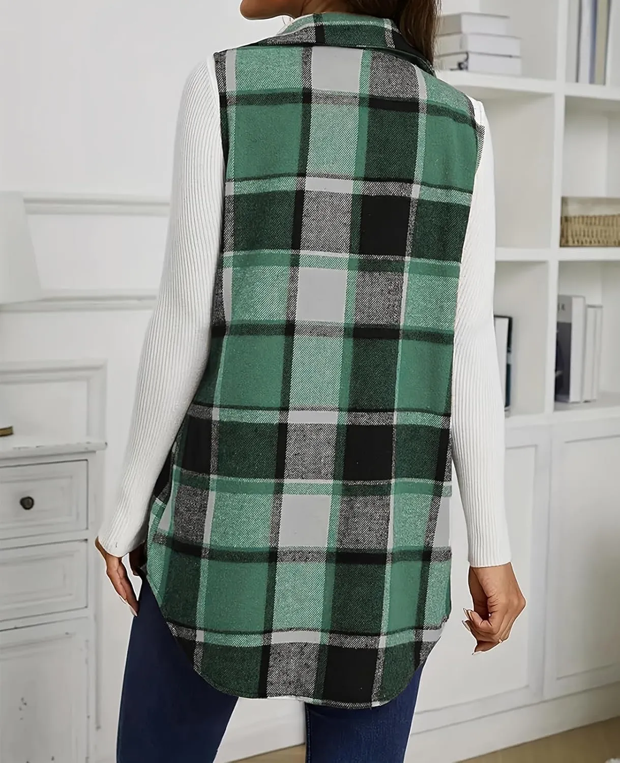 UONBOX Women's Plaid Vest Flannel Button Down Sleeveless Shacket Shirt Outerwear Fall Lapel Long Jacket with Pockets