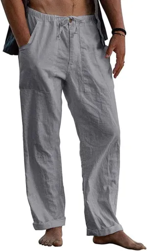 utcoco Men's Cotton Linen Beach Pants Loose Casual Drawstring Wasit Slacks with Pocket