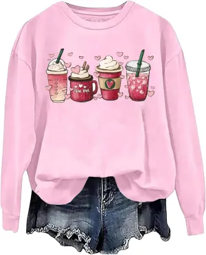 Valentine's Sweatshirt Women Funny Latte Coffee Heart Graphic Shirt Casual Long Sleeve Valentine Pullover Tops