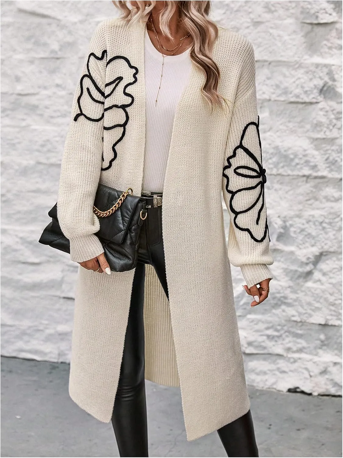 Verdusa Women's Floral Print Loose Open Front Long Knit Cardigan Casual Sweater Coats