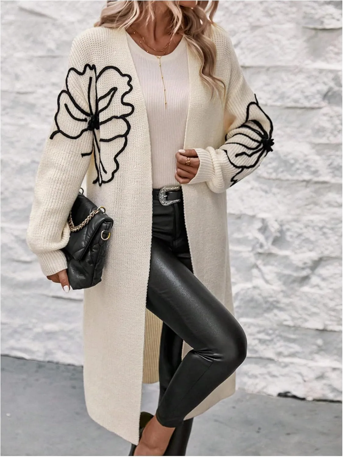 Verdusa Women's Floral Print Loose Open Front Long Knit Cardigan Casual Sweater Coats