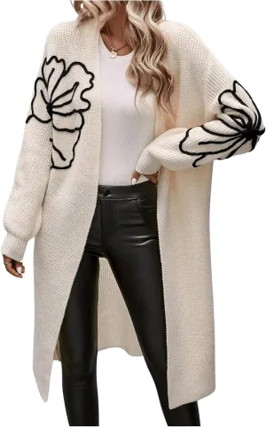 Verdusa Women's Floral Print Loose Open Front Long Knit Cardigan Casual Sweater Coats