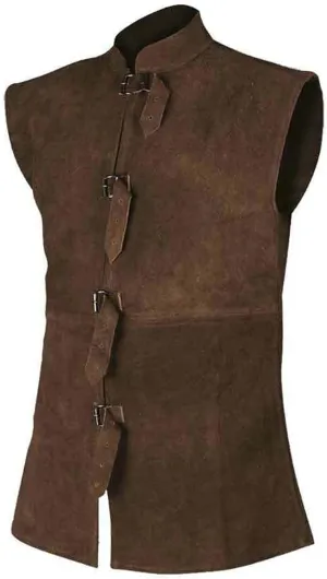 Vest for Men Button Strap-Leather Vest Retro Collar Pocket Solid Color Denim Motorcycle Stylish Armor Biker Club Vests (Brown, S)