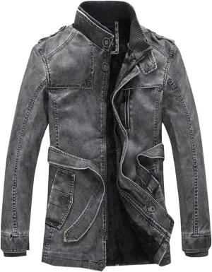 Vintage Casual Fashion Leather Jacket for Men Stand Collar Zip Long Sleeve Fleece Lined Outerwear Winter Warm Coat
