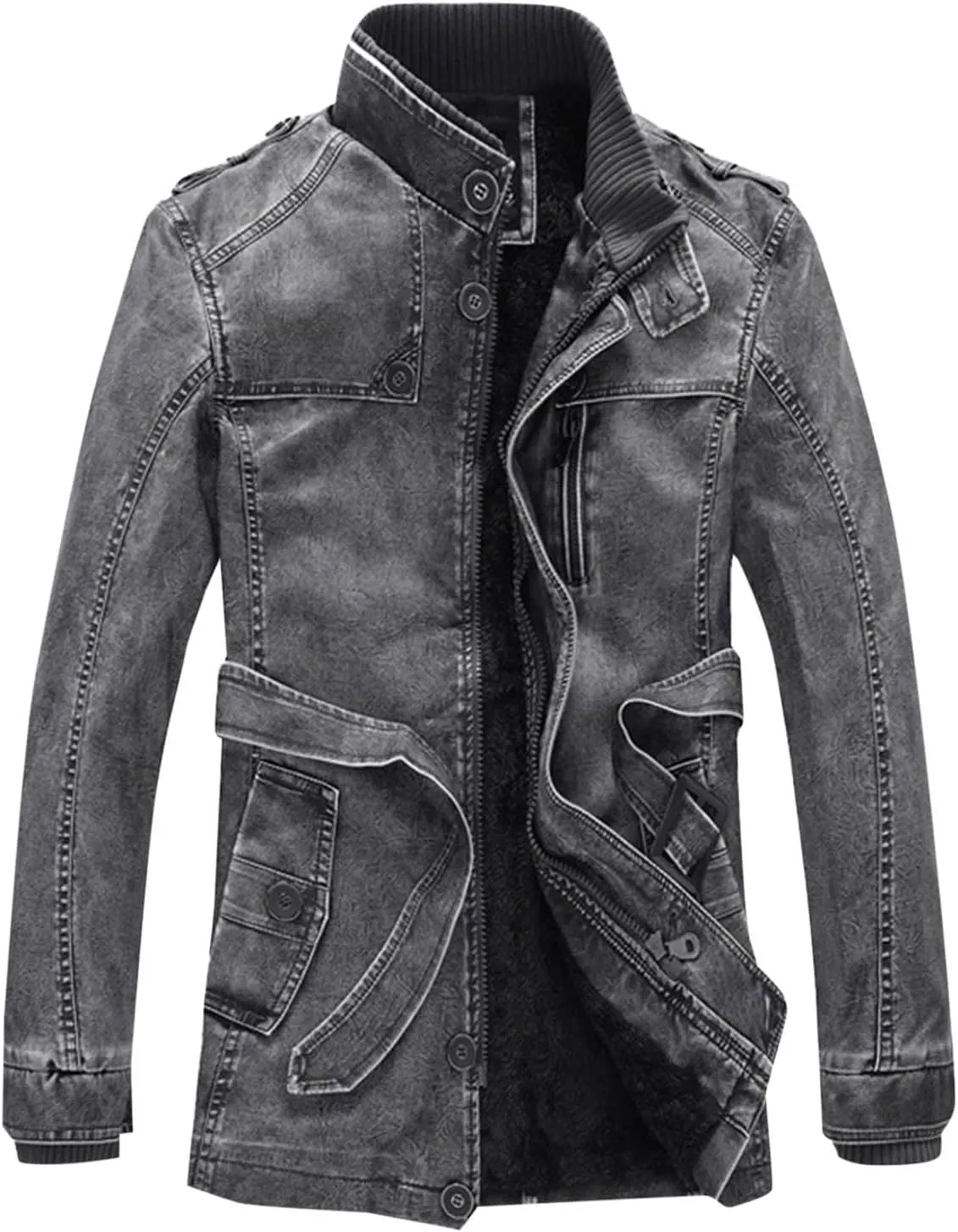 Vintage Casual Fashion Leather Jacket for Men Stand Collar Zip Long Sleeve Fleece Lined Outerwear Winter Warm Coat