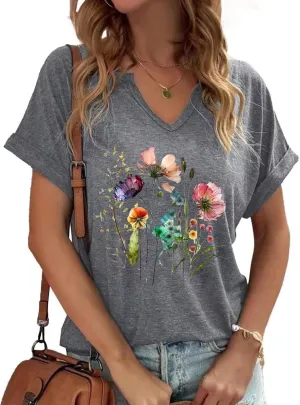 Vintage Flowers V Neck Shirt for Women Boho Floral Wildflowers Graphic Tee Casual Cottagecore Summer T Shirt