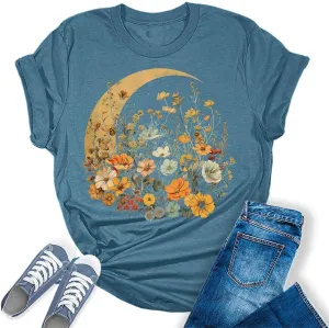 Vintage Wildflowers Graphic Shirt Women's Casual Holiday Short Sleeved T-Shirt Boho Floral Printed Tee Fall Tops