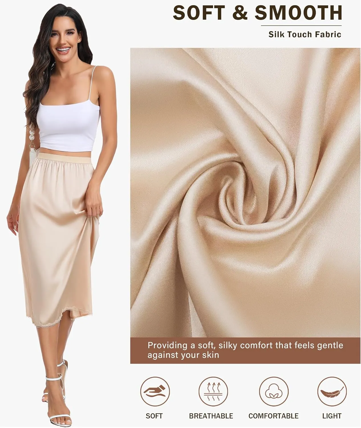 Vlazom Women's Satin Half Slip for Under Dress Long Underskirt Soft Under Slips for Women Under Dresses Size S-XXL